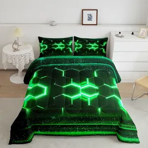 Feelyou Microfiber Honeycomb Designer Comforter Set - Ombre Theme Luxury Bedding, Green Geometric Quilt Set, Microfiber Bedding Set