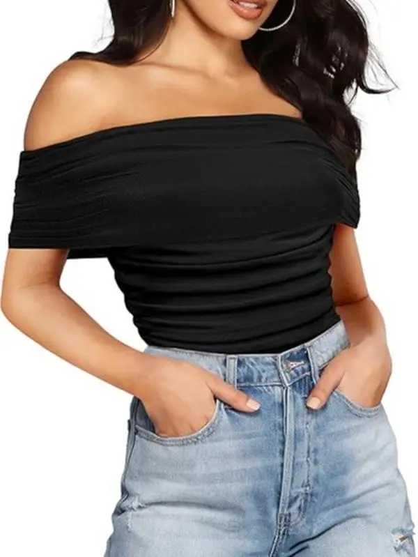 Women Off the Shoulder Sleeveless Ruched Mesh Backless Double Lined Thong Bodysuit Tops for Going Out