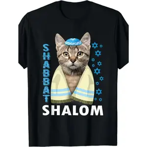 Funny Cute Cat With Yarmulke T-Shirt | Jewish Shabbat Shalom Graphic Tee For Men
