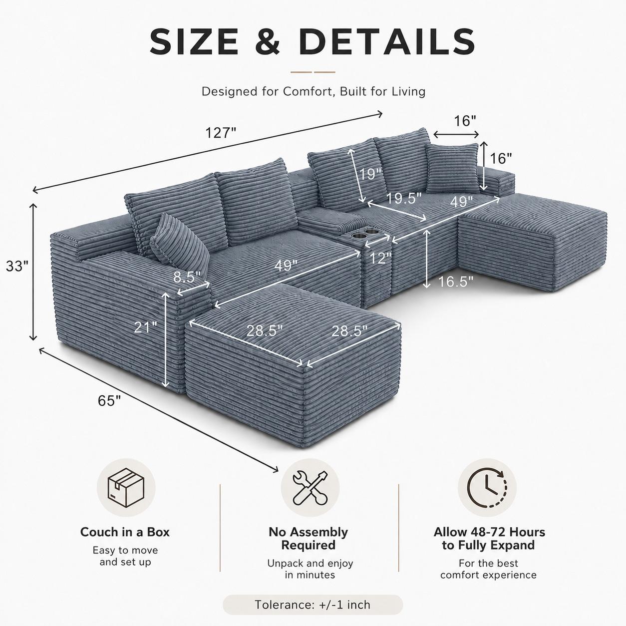 127-Inch Curved Corduroy Modular Cloud Sectional Boneless Couch (Compressed), 3-Package Shipping, No Assembly, Black Living Room Multiple-Seat Sofa with Cup Holders, USB Ports & 2 Free Ottomans, Boneless Couches, Sectional Couch