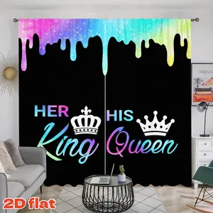 2D Flat 2Pcs Rainbow Drip His Queen Her King Printed Curtain Panels, Semi-Shade Polyester Fiber, for Bedroom Living Room Kitchen Study Balcony Window Decor, Privacy Protection Christmas Gift Curtains .
