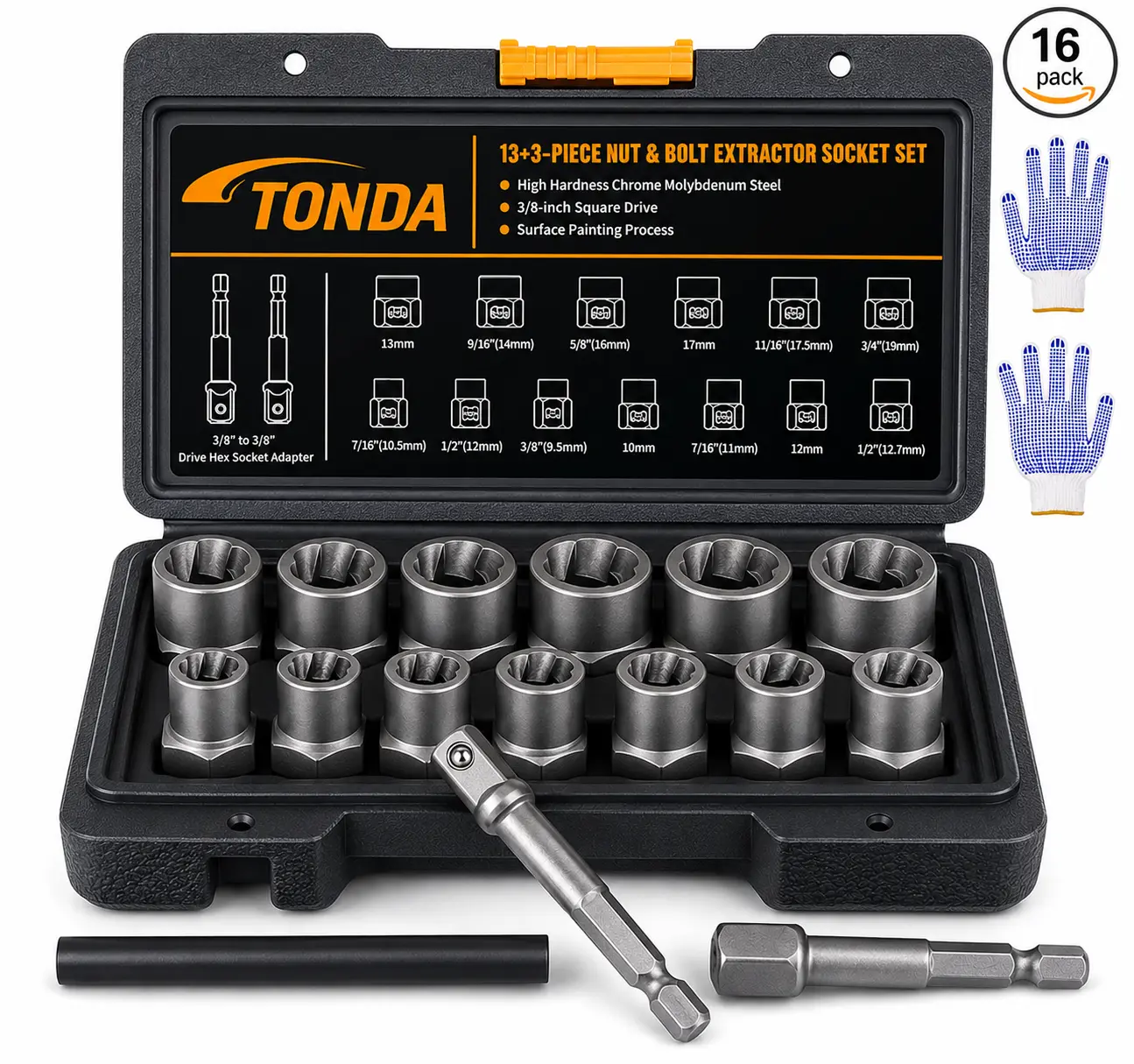 TONDA Bolt Extractor Kit, 16-Piece Stripped Bolt Remover Socket Set with 3/8" Drive Impact Adapter & Knock-Out Pin and Gloves, Heavy Duty Bolt Extractor for Rounded, Rusted, Broken Nuts & Screws