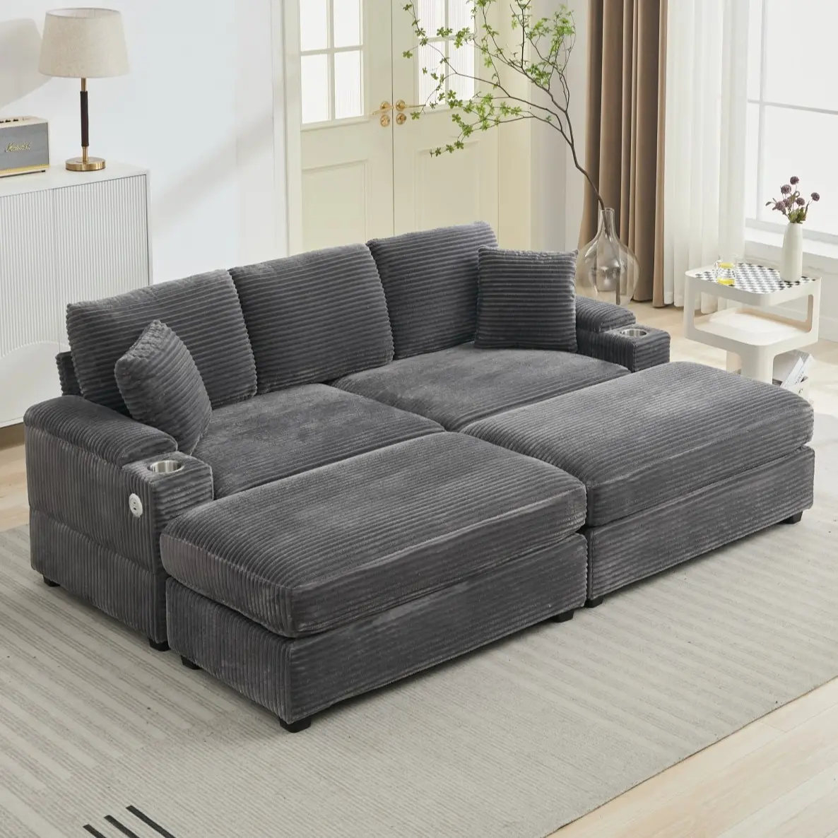 Eyisean 86.6" Sturdy Upholstered Cloud Modular 4-Seat Sectional Sofa with 2 Ottomans, Fixed Arms, Detachable Footstool, Armrest Storage, Cup Holders, USB, Deep Seat - Living Room Couch, Assembly Required