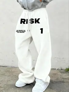 Tiktok Trendy Printed Sport Pants, 'risk' Slogan Loose Long Pants, Soft Casual Daily Wear, Comfortable Home, Letter Print Sweatpants