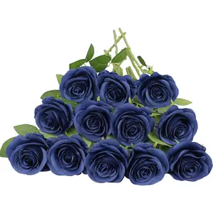 12pcs Roses Artificial Flowers Navy Blue Fake Roses Flowers with Long Stems Silk Flowers for Wedding Bouquet Centerpices Decorations Bridal Baby Shower Home Decor