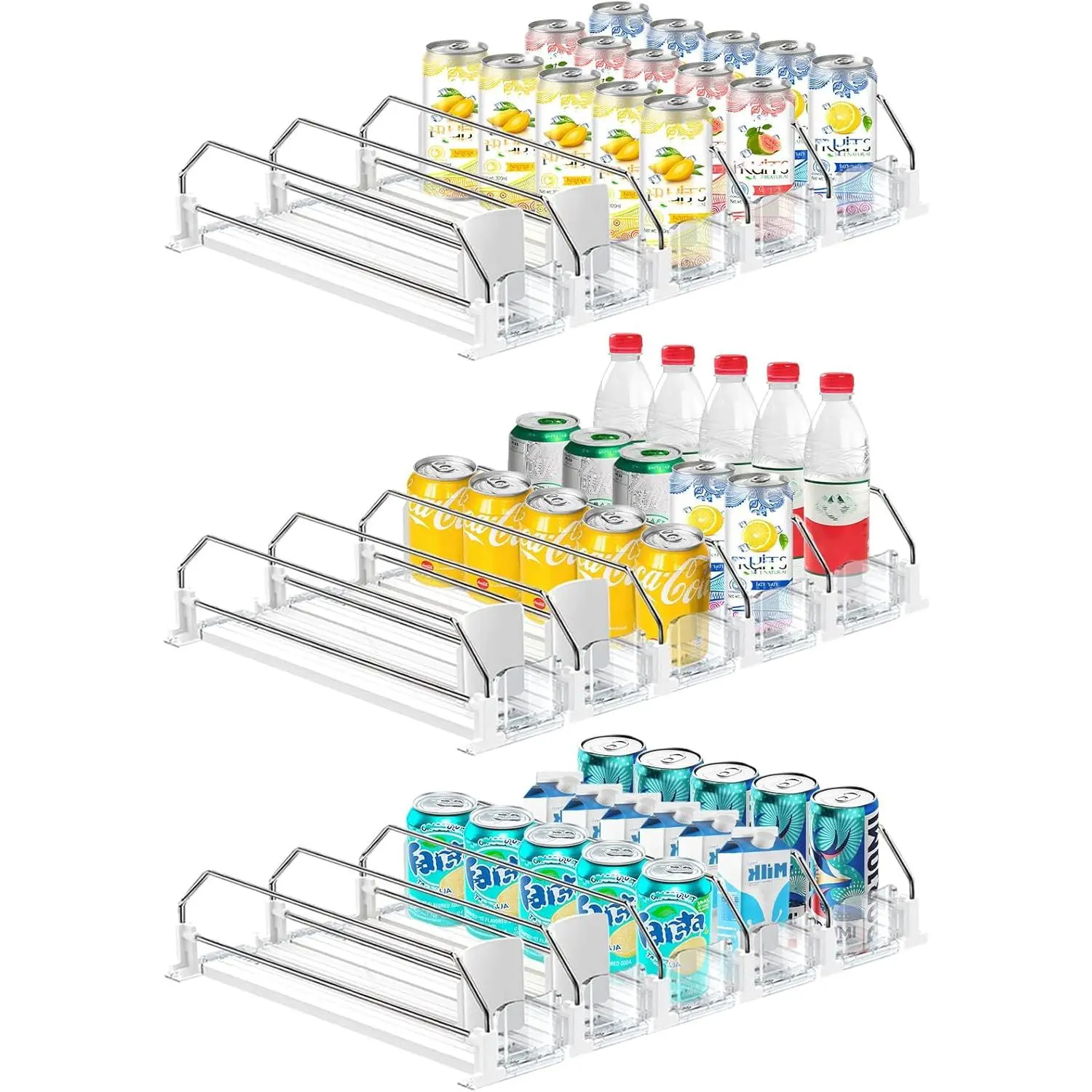 3 Pack Drink Organizer for Fridge, Self Pushing Fridge Drink Organizer, Self Pushing Soda Dispenser for Refrigerator, Automatic Drink Dispenser for Fridge, Holds up to 75 Cans (15 Rows)
