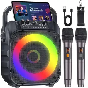 Karaoke Machine with Two Wireless Microphones, Portable Karaoke Machine for Adults & Kids, Portable Bluetooth Speaker with PA System, LED Lights, Supports TF Card/USB, AUX in, FM, USB,TWS (Black)-