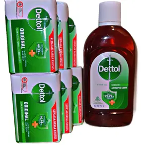 Dettol Original Antibacterial Soap 3.5 Ounce/100gr Pack 6 and 1 Liquid Dettol 250 ml Kit - 99.99% Effective for Bum Relief