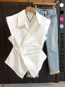 A ladies' fashionable light and mature style solid color waist cinched sleeveless shirt blouse with irregular hem and waist cinching for slimming temperament. Suitable for summer, commuting, dating, afternoon tea, small meetings, business negotiations