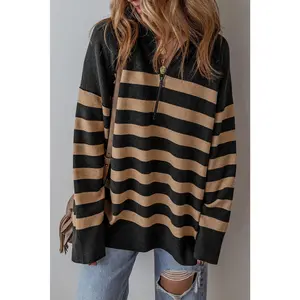 Black Stripe Collared Quarter Zipper Oversized Sweater