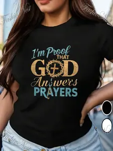 Women's Inspirational "I'm Proof That God Answers Prayers" Graphic T-Shirt - Loose Fit Short Sleeve Round Neck Casual Top with Cross Design, Breathable Summer Tee for Daily Wear & Parties, Machine Washable, Ladies T Shirts, Everyday Comfort, R