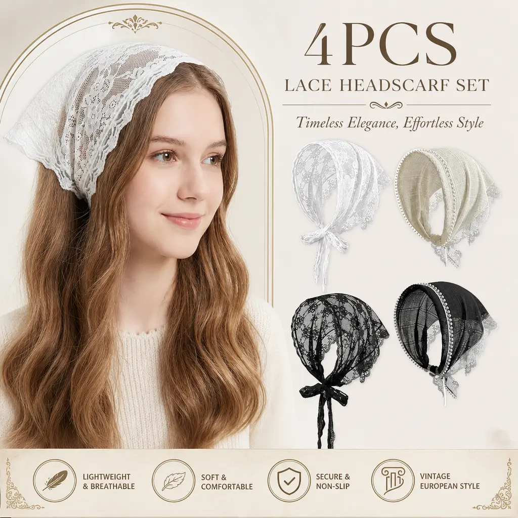 Female Women's 4-Pack Floral Lace Versatile Headscarf Set - Everyday Casual Daily Secure Fit Boho Head Wraps, Bandanas, Beach Hair Accessories for Bridal Wedding, Spring Summer