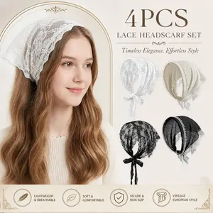 4 Pack Lace Bandanas Head Scarf for Women – White Hair Scarf, Wedding Bridal Headband Kerchief – Spring Summer Hair Accessories