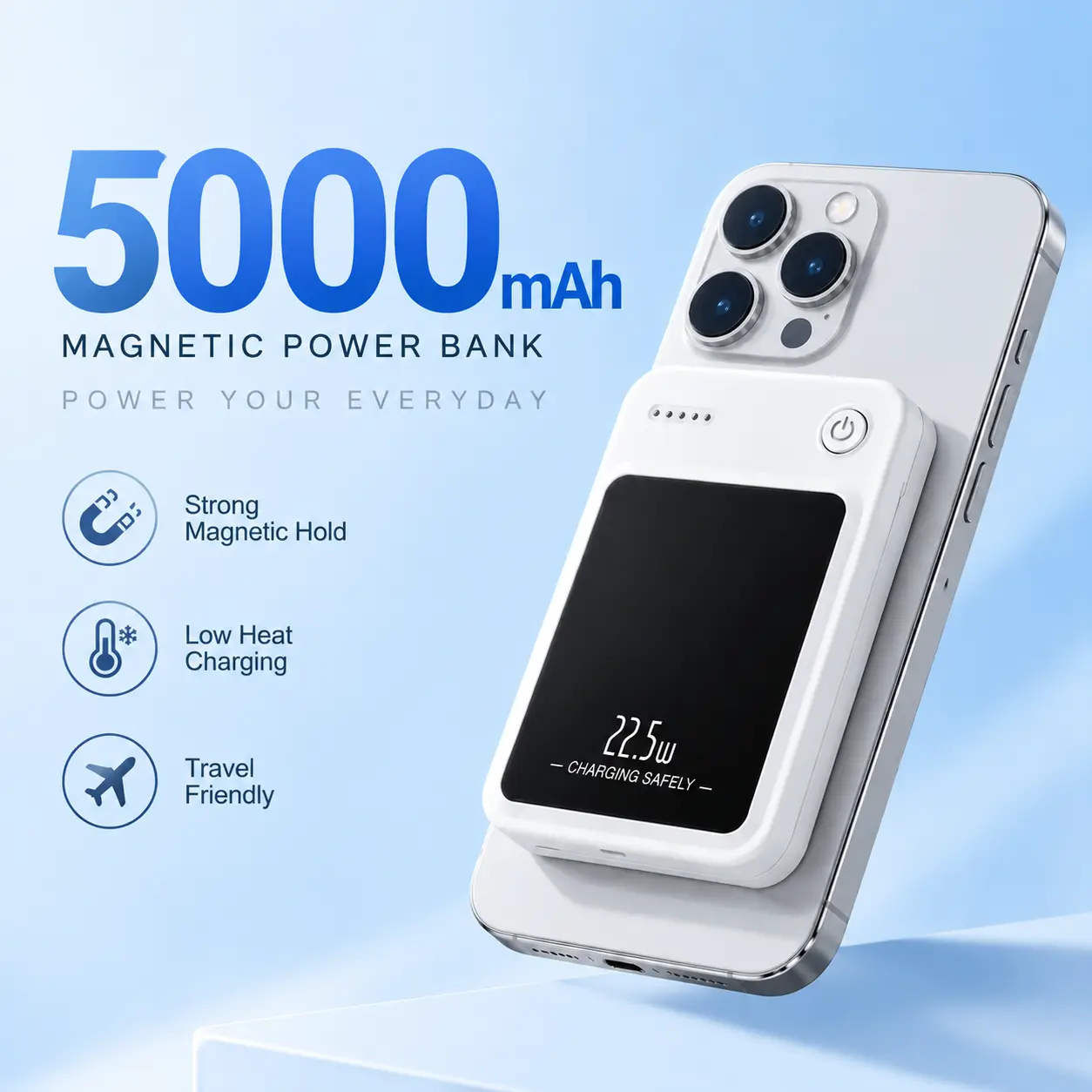 5000mAh Magnetic Power Bank - Portable Mobile Charger with Foldable Stand, LED Digital Display, for iPhone, Android, Smartphone, Back to School Haul Tools and Gadgets, Compact Travel Gifts for Him Battery Pack,back to school,back to school haul White Rech