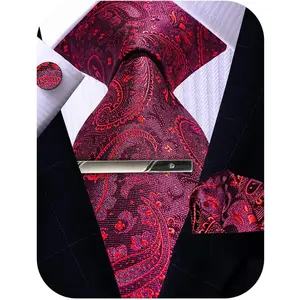 Mens Tie Pocket Square Cufflinks Tie Bar Set, Silk Woven Necktie with Hanky Clip