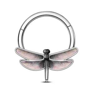 Oufer 16G Dragonfly Hinged Segment Clicker Septum Ring with Sparkling Pink Wings and Detailed Design