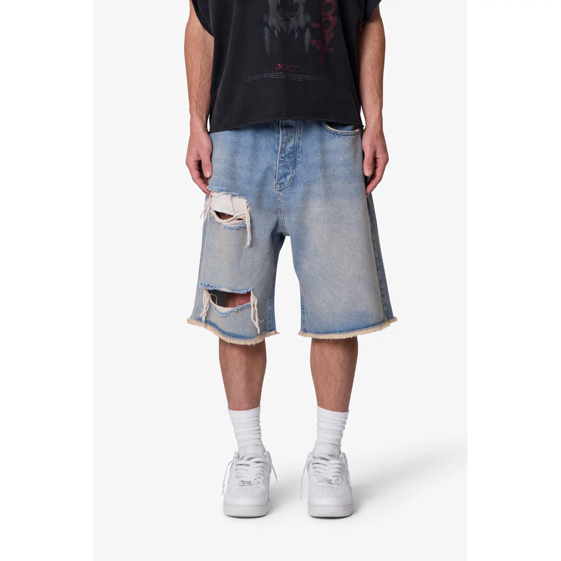 mnml Baggy Distressed Denim Shorts - Light Blue