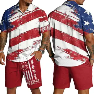 USA 250th Anniversary Men’s Hawaiian Shirt Shorts Set “We the People 1776” Patriotic American Flag Stripes Lightweight Summer Beachwear XS-5XL 2-Piece Vacation Set
