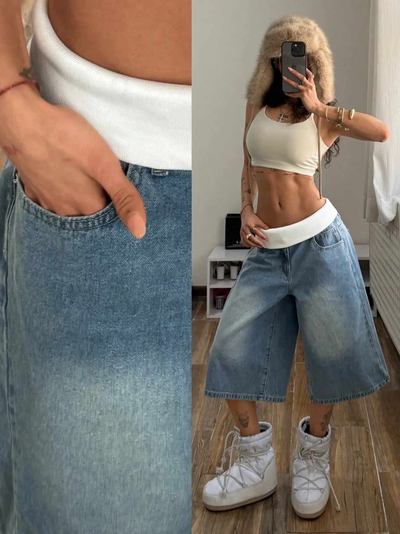 Women's Fashion Casual Punk Style Low Waist Baggy Denim Shorts, Streetwear Patchwork Waistband, Versatile and Trendy, Perfect for Everyday Wear