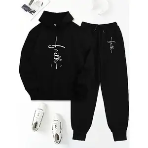 Women's 2pcs Casual Set - "Faith" Printed Hoodie & Jogger Pants, Long Sleeve, Polyester, Machine Washable, with Pockets - Perfect for Spring/Fall