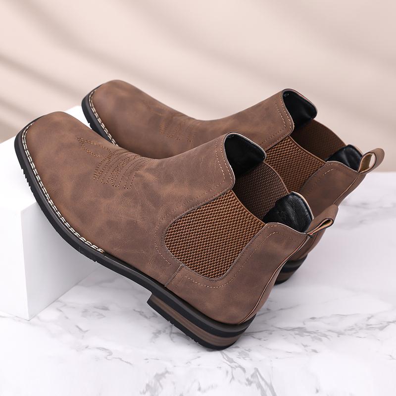 New Winter Men’s Western Cowboy Boots, Square Toe Chelsea Boots, Casual Retro Fashion Classic Comfortable Simple Khaki, Black, and Gray Trendy Men’s Shoes