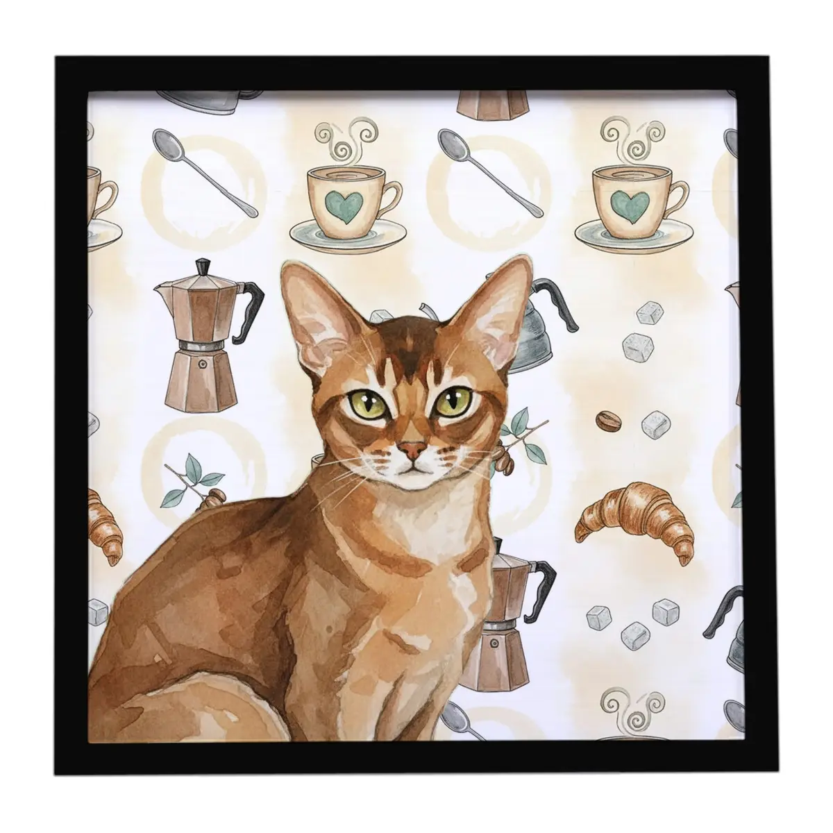 Carolines Treasures FNT1408MFP88 8x8 in. Ticked Tabby Brown Cat Coffee Pattern Metal Framed Artwork, Light-Weight Home Wall Decor with Built-In Hanger, Christmas Animal Accent Gift