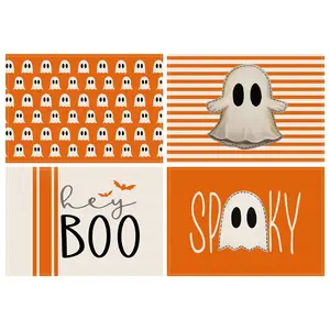 4pcs Halloween placemats, orange striped horror ghost bat print Halloween placemats, Halloween party table decoration placemats, Halloween happy placemats, Halloween fun and funny placemats, Halloween decorations
