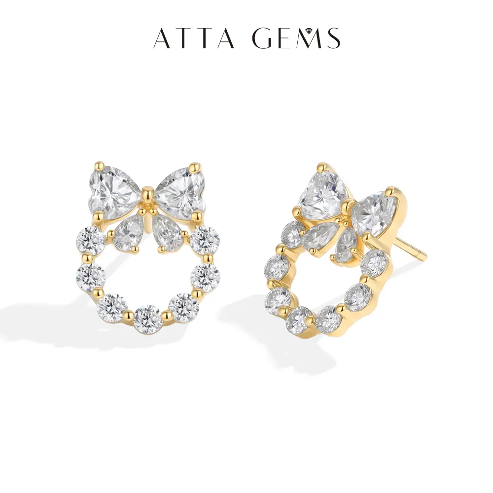 ATTAGEMS Bow Design 5*5mm Heart Cut  Lab-Created Moissanite Earrings for Women & Girls 925 Sterling Silver Earrings Sweet Birthday Party Gift for Her E079