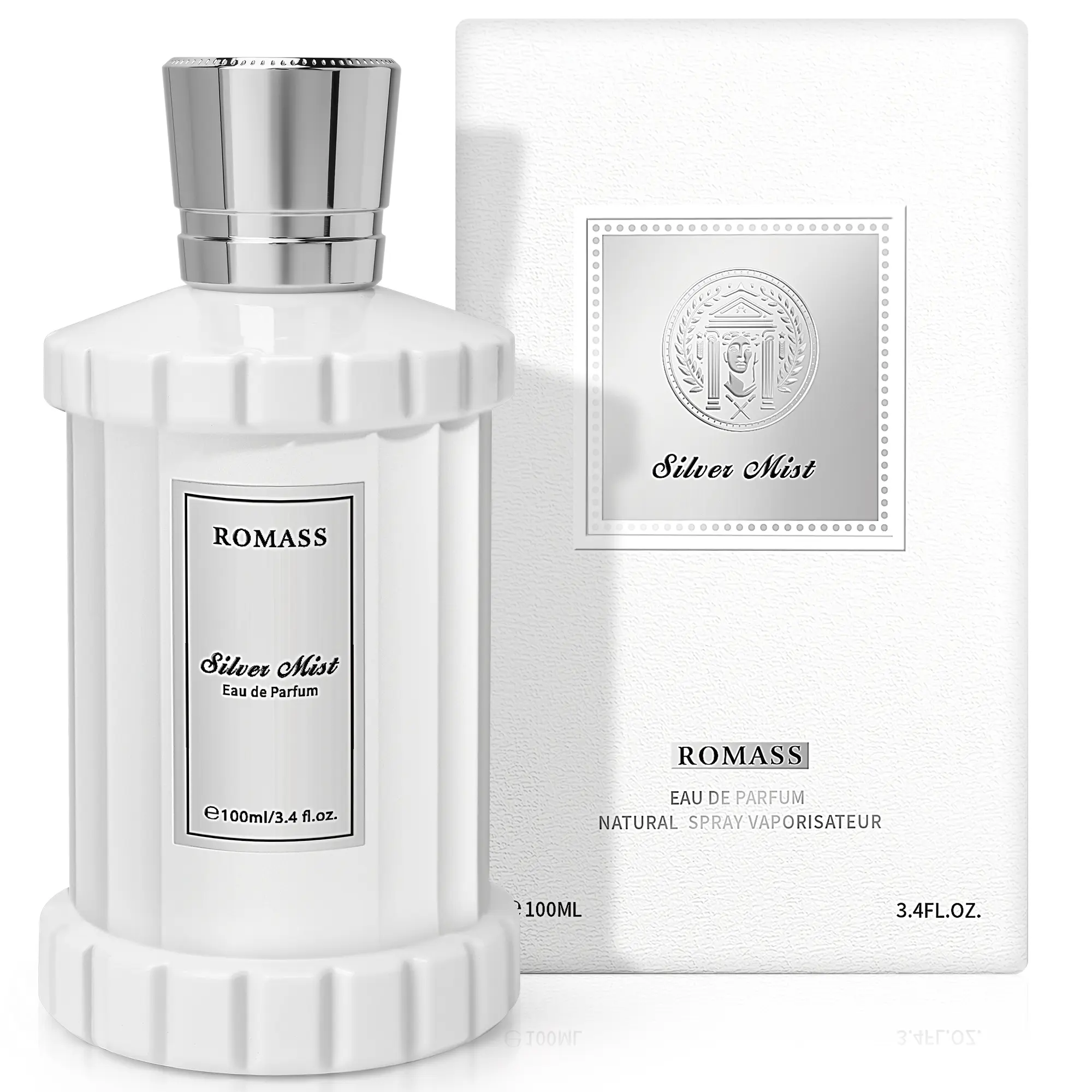 Romass Silver Mist Eau de Parfum 3.4oz/100ml Frosted Silver-White Bottle Long-Lasting Crisp Metallic Aquatic Notes of Bergamot Black Currant Buds and White Musk