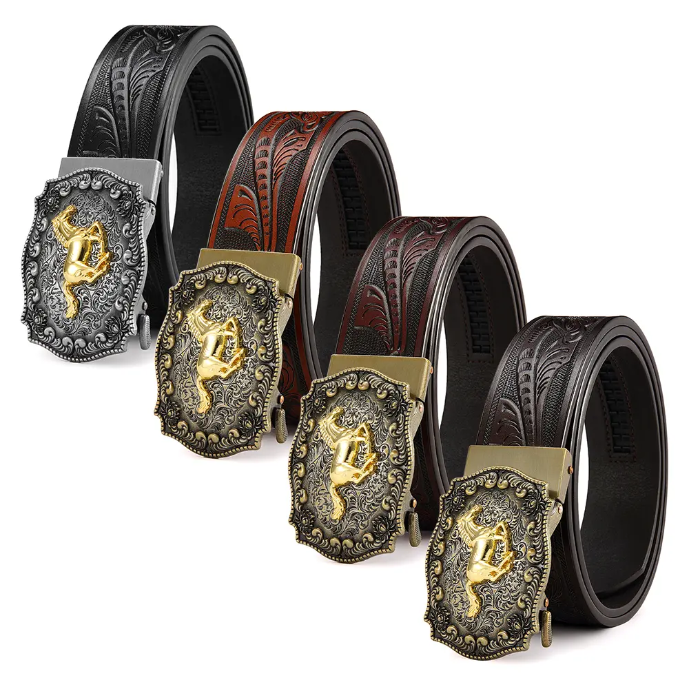 Male Heavy Duty Automatic Buckle Belt - Classic Wild West Inspired, Premium Leather Crafted, Antiqued Silver Hardware, Gilded Horse Relief, Floral Emboss, Durable Western Wear for Gentlemen Holiday Gifting