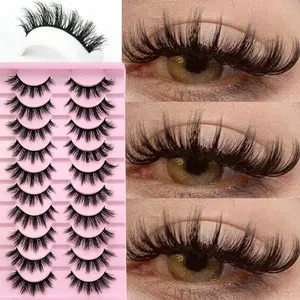 10 Pairs Of Natural False Eyelashes Thick 3D Fluffy Multi-Layer D Curl Russian Style Enlarged False Eyelashes High Curl Dense Whole Piece Eyelash Extension Travel Essential Cosmetic False Lashes High Quality Eyelashes