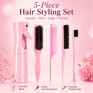5 PCS Hair Styling Tools Set with Bristle Brush, Rat Tail Comb & Edge Brush, Professional Heatless Styling Salon Styling Tool Slick Back Hair Kit for Haircare, Parting, Braiding, Detangling, Edge Control & Hairline Styling for Women & Men
