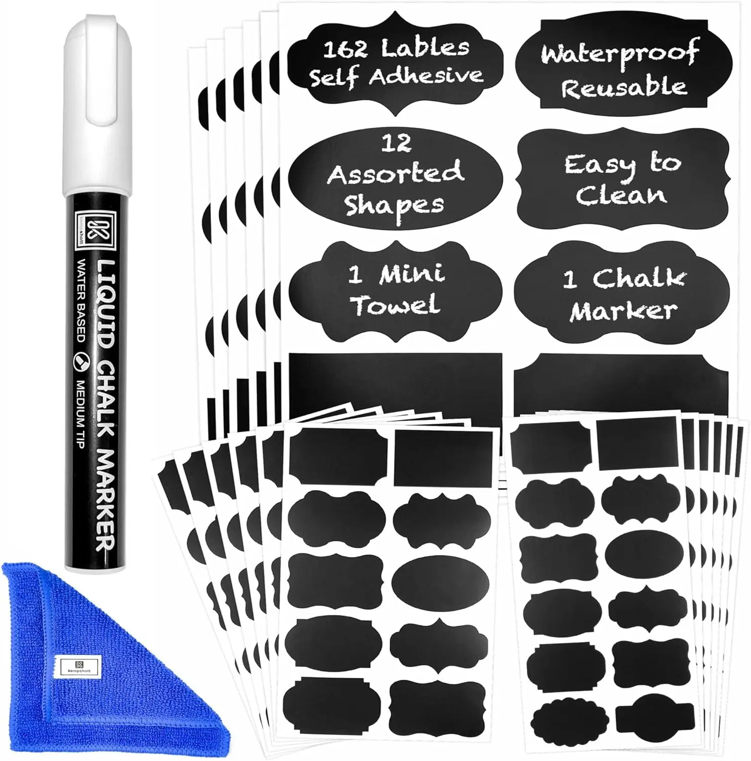 162 Pcs Assorted Chalkboard Labels for Glass/Plastic Jars - Multipurpose Removable Waterproof Reusable Storage Organizer Stickers, 12 Unique Shapes, 3 Sizes, Includes Erasable Liquid Chalk Marker & Mini Towel for Home/Office