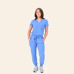 Women's V-Neck Scrub Set - Stretch Panel Top & 9-Pocket Yoga Waist Scrub Pants for Healthcare Professionals XS-3XL Blue Breathable 4-Way Stretch Fabric Adjustable Drawstring Elastic Fit Everyday Style Uniforms Workwear Basic Minimalist