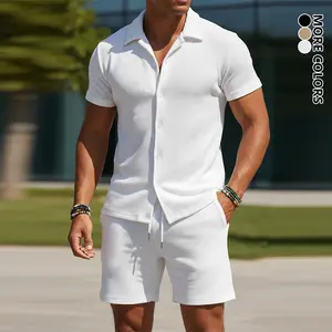 Men’s textured fabric two-piece set, summer fashion outfit: solid-color short-sleeve shirt with single-button placket and shirt collar paired with drawstring shorts featuring slanted pockets; casual outfit for going out or dates; 100% polyester fiber.