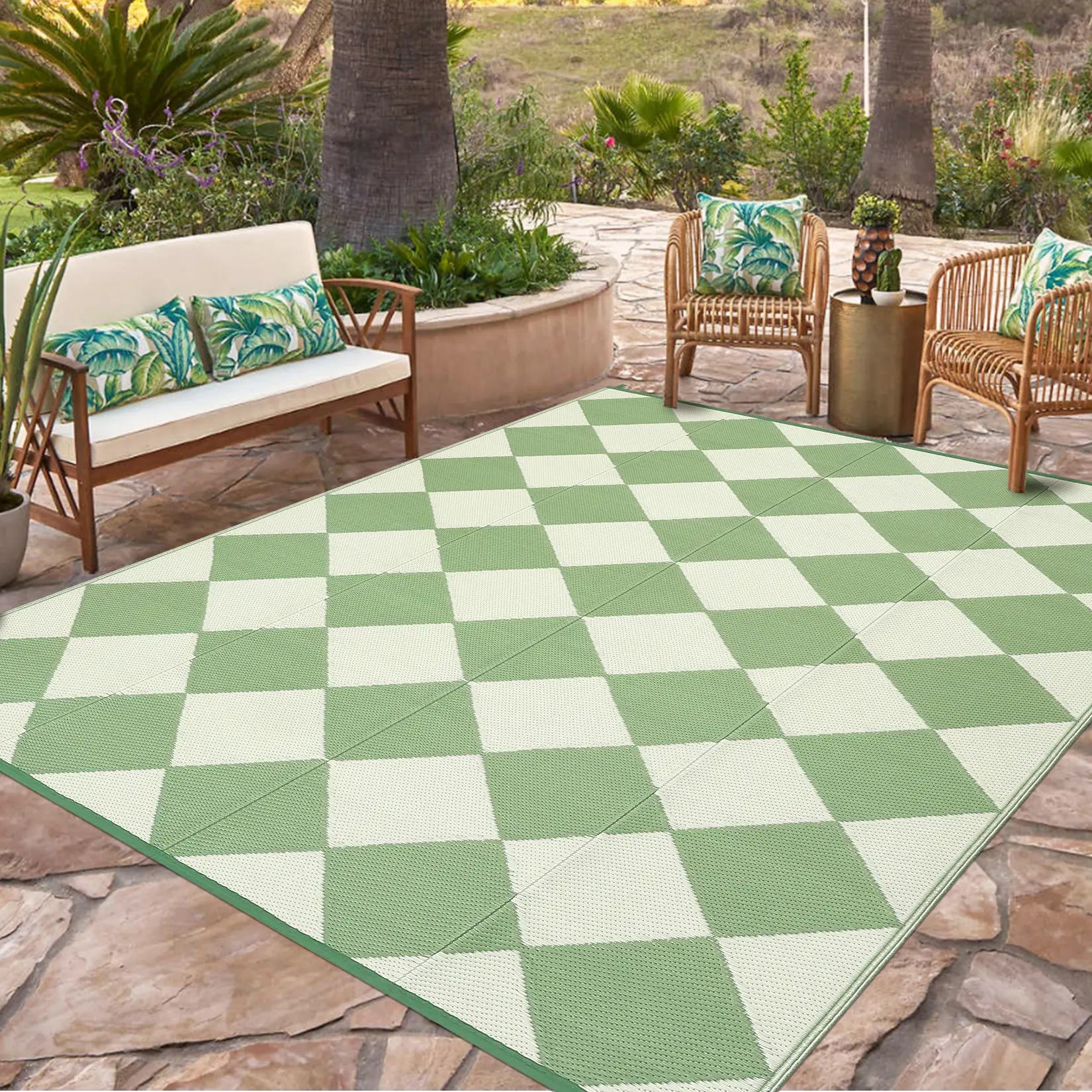 Outdoor Rug 320GSM PP Tube Woven Patio Area Rug, Modern Large Diamond Grid Black & White Outdoor Carpet for Deck Balcony Porch camping
