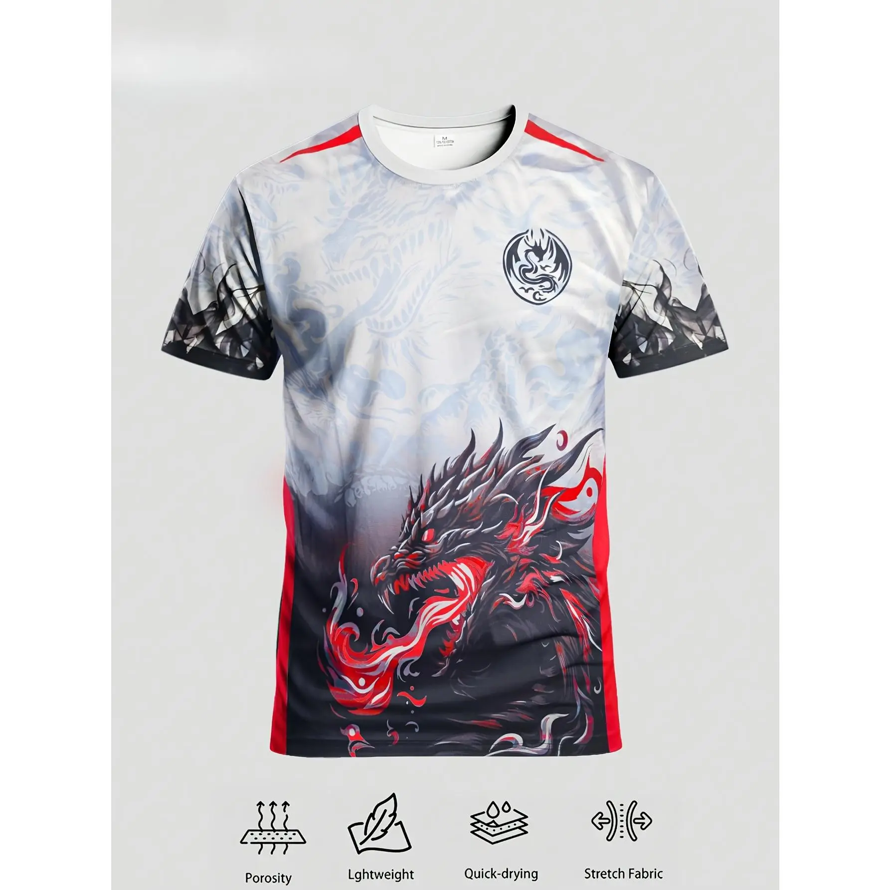 Dragon Pattern Men's Football Jersey| Round Neck Comfortable Sports Top- Perfect for Competitions, Training, Casual Wear, and Gifting| Micro-elastic Fabric, Geometric Pattern, Suitable for Spring/summer/autumn
