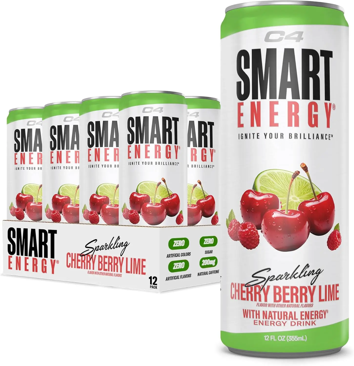 C4 Smart Energy Sparkling Beverage - Natural Caffeine, Zero Sugar, 200mg Caffeine - Cognizin & N-Acetyl Tyrosine for Focus, Cherry Berry Lime, 12oz 12 Pack