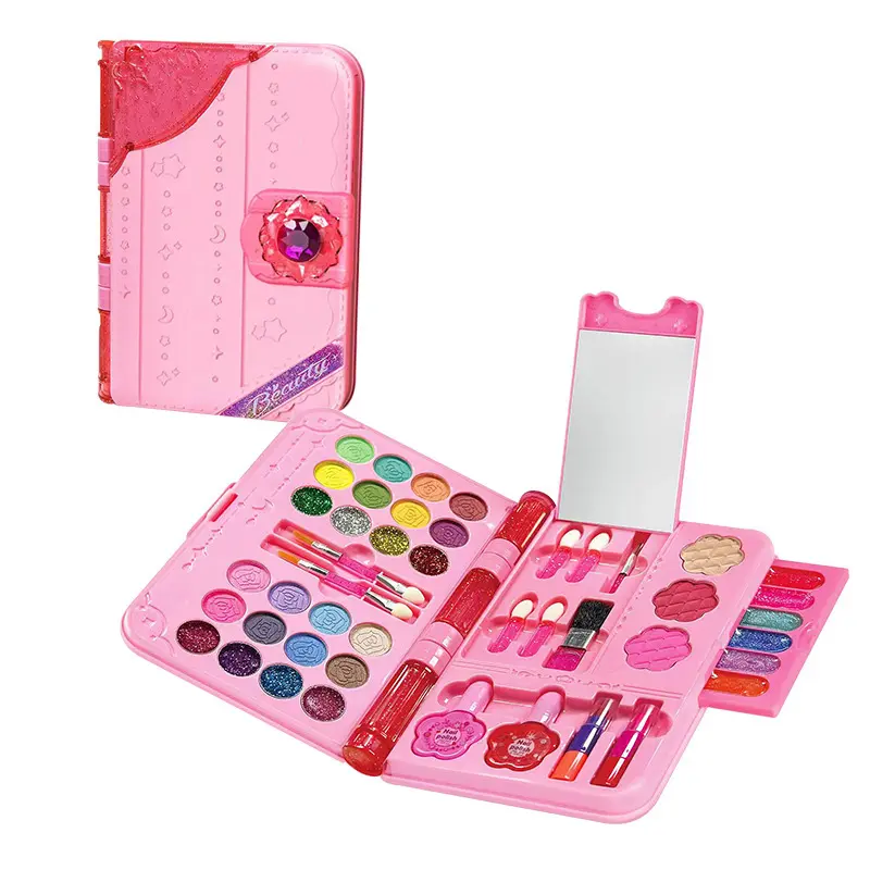 Notebook Style Kids Pretend Makeup Set, Foldable Washable Non-Toxic Cosmetic Palette with Built-in Mirror, Full Eyeshadow Blush Lip Gloss Nail Polish Beauty Play Kit, Portable Princess Dress Up Toy Gift for Girls Age 3+