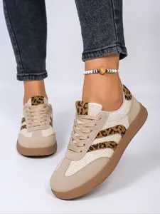 Women's Casual Low-Top Leopard Print Patchwork Sneakers, Fashionable Comfortable Daily Wear Shoes, Ladies' Leisure Training Shoes, Trendy Walking Sneaker