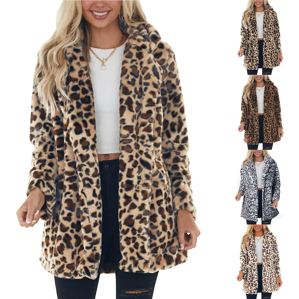 Mibbory Leopard Faux Fur Jackets for Women 2026 Fall Winter Fashion Long Sleeve Loose Fur Coat Warm Fluffy Jacket Outwear with Pockets