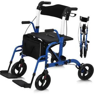 3-in-1 Walker Wheelchair Combo, Foldable Aluminum Rollator with Footrests, Transport Wheelchair and Rollator Walker Combo Lightweight