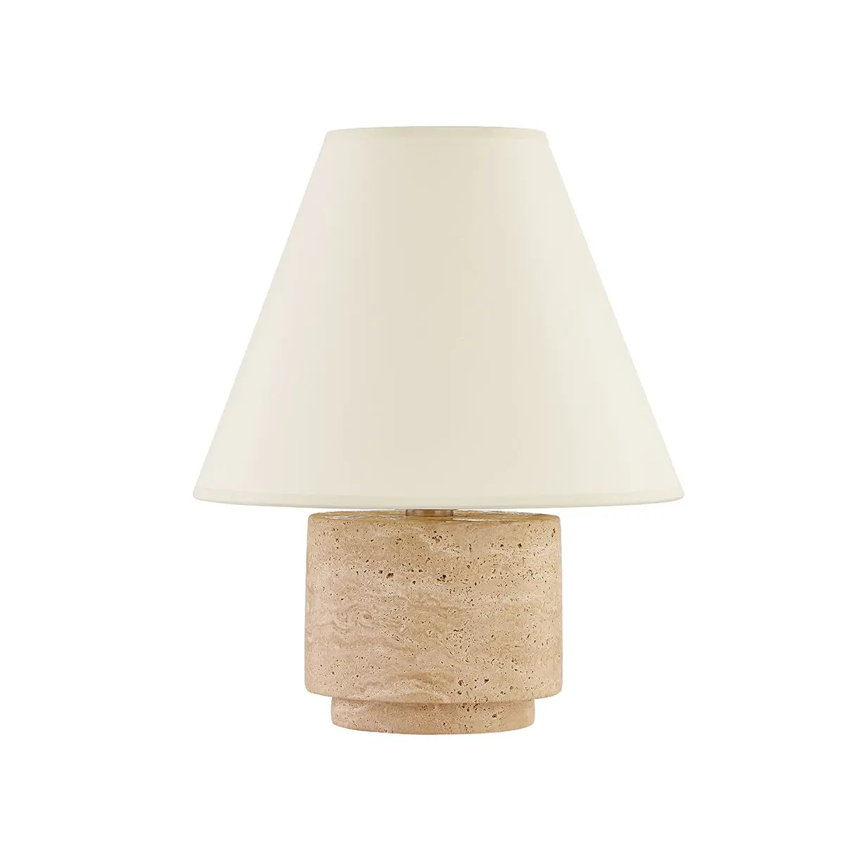 Bronte Table Lamp with Patina Brass Accent and Natural Travertine Base, Tapered Paper Shade