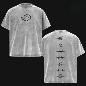 Unisex Naruto Akatsuki Clan Logo Retro Washed Cotton Graphic Tees, Oversize Heavyweight Short-Sleeve Round Neck Streetwear Top, High-Quality Vintage Casual Wear for Naruto Fans, Gifts (Sizes 4XL-5XL)Minimalist Konoha Symbol T-shirt Simple Fan Tee