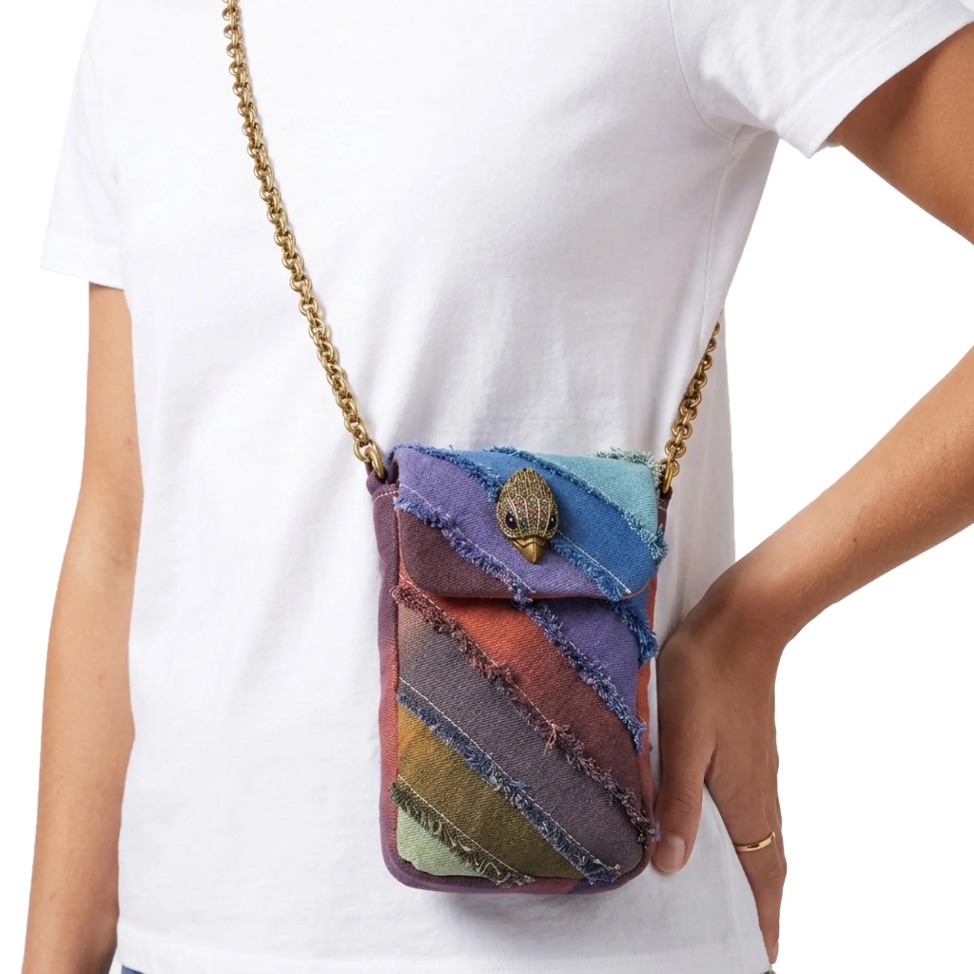 Kurt Geiger Women's Vintage Patchwork Denim Mini Crossbody Bag, Eagle Head Metal Lock, Fringe Detail, Gold Chain Flap Shoulder Purse for Cell Phone