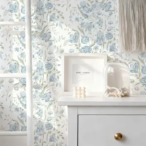Background Retro Blue Iris Plant Pattern PVC Self-Adhesive Decorative Wallpaper, Removable Reusable Bedroom Wall Sticker, 1 Roll