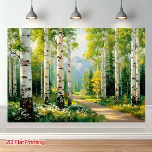 2D flat banner, 1 piece, Birchwood Lane Painting - Tranquil Birchwood Wall Decor, suitable for studios, bedrooms, wedding and wedding/graduation photo backgrounds. Tranquil Birchwood Lane Art Print Polyester Fabric, dyz