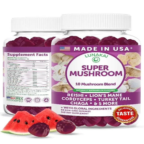 Lunakai USA Made Super Mushroom Gummies for Adults – 10-in-1 Adaptogenic Mushroom Supplement with Lion’s Mane – Daily Focus & Brain Support, 60ct