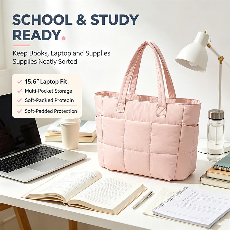 Quilted Laptop Tote Bag for Women, Womens Tote Bag,Work Tote with Luggage Strap, Multi Pocket Travel Shoulder Bag with Adjustable Strap for School Office Daily Commute