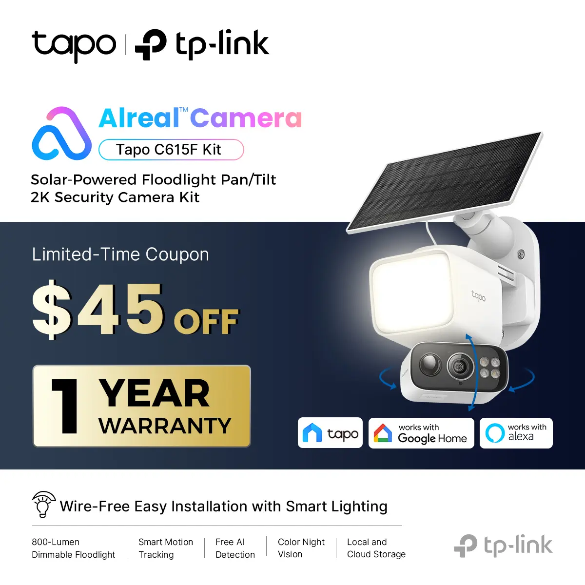 [1 Year Warranty] TP-Link & Tapo C615F Kit Solar Dimmable Floodlight 360° Pan/Tilt Security Camera Kit,2K 3MP  360° AI Tracking  Outdoor Wireless w/Solar Panel  Free Person/Vehicle Detection  Hack-Proof Security | Alexa & Google Home
